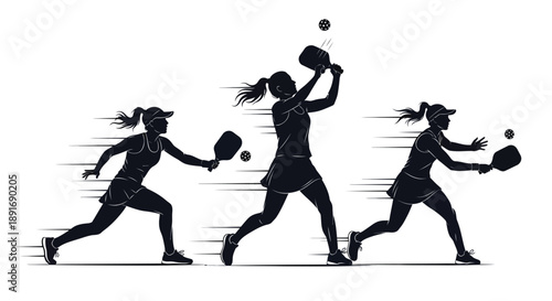 A woman plays pickleball, captured in three dynamic silhouettes showing movement.