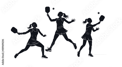 Silhouettes of women playing pickleball demonstrate different poses and actions on a white background.