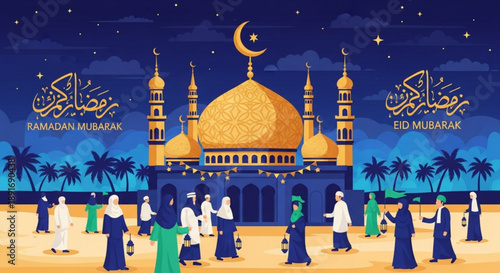 Ramadan mubarak eid celebration mosque scene with people