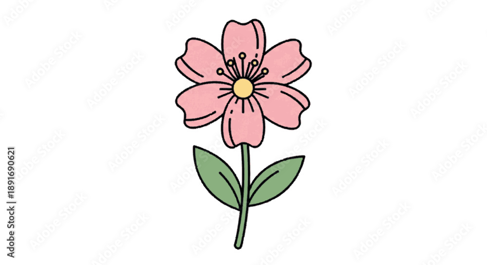 custom made wallpaper toronto digitalCharming hand-drawn style vector illustration of a vibrant pink flower with green leaves and a yellow center, embodying simple beauty and natural grace