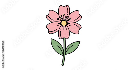 Wallpaper Mural Charming hand-drawn style vector illustration of a vibrant pink flower with green leaves and a yellow center, embodying simple beauty and natural grace Torontodigital.ca