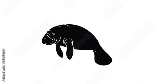 A silhouette of a manatee swims gracefully against a stark white background.