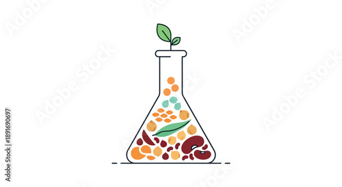 A laboratory flask contains a variety of seeds and sprouts, representing food science and agriculture.