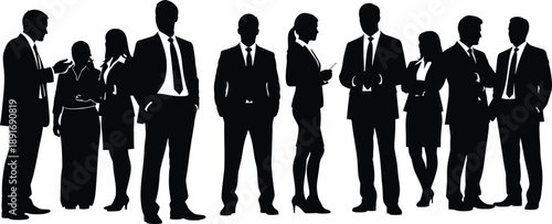 Black silhouettes of business people standing in various poses business, people, silhouettes, black, white background, standing, various poses, suits, ties, dresses, heels, office, corporate, professi