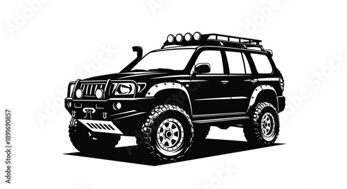 A rugged black off-road vehicle with a roof rack and large tires is depicted.