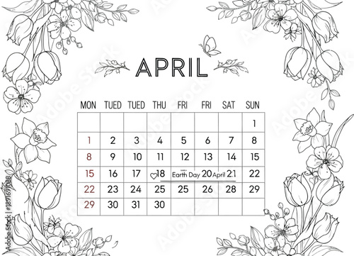 Elegant black and white floral border surrounds a printable april calendar template featuring numbered days and earth day marking highlighting the spring season transition beautifully for planning.