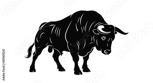 A powerful black bull stands stoically on a white background.