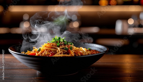 Wallpaper Mural Steaming bowl of noodles with vegetables on a wooden table Torontodigital.ca