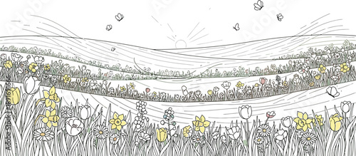 Beautifully illustrated springtime meadow scene featuring layered rolling hills bursting with colorful blooming wildflowers and delicate butterflies fluttering beneath a bright rising sun.