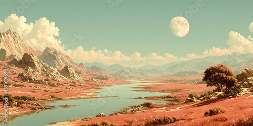 A serene surreal landscape shows a winding river flowing through a vast red-toned valley, framed by rocky mountains, soft clouds, and a large moon hanging in a pale green sky.