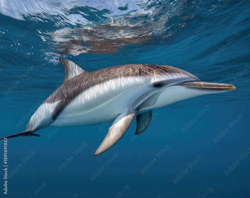 Naklejka premium Graceful dolphin swims underwater, showing sleek form & contrasting colors. Reflective surface above