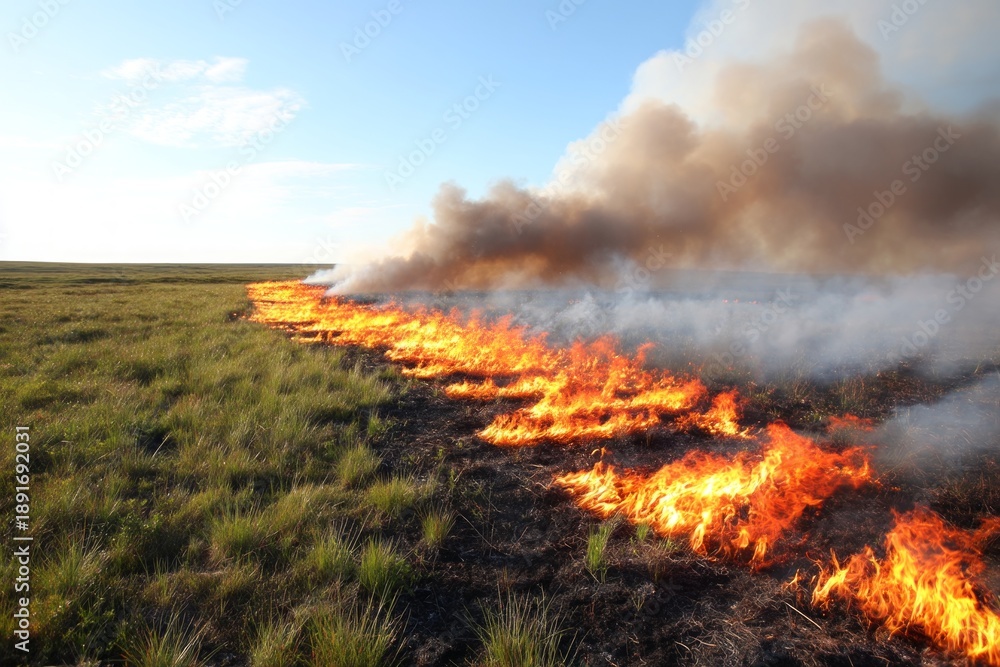 Fototapeta premium Fire Producing Thick Smoke Over Open Terrain with Blazing Flames and Grass