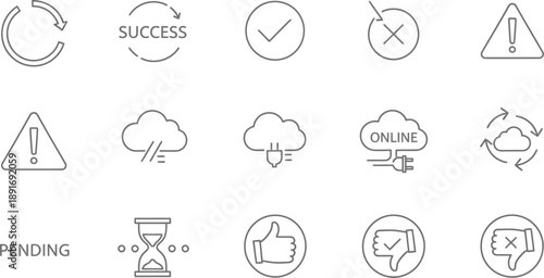 A comprehensive set of thin line icons representing various operational states validation statuses loading indicators and essential system feedback symbols for user interface design implementation