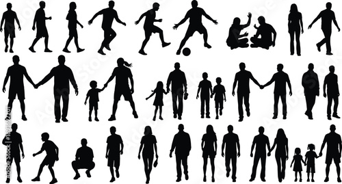 Black silhouettes of people walking running sitting and interacting black silhouettes, people, walking, running, sitting, interacting, human figures, white background, various poses, group, child, sil