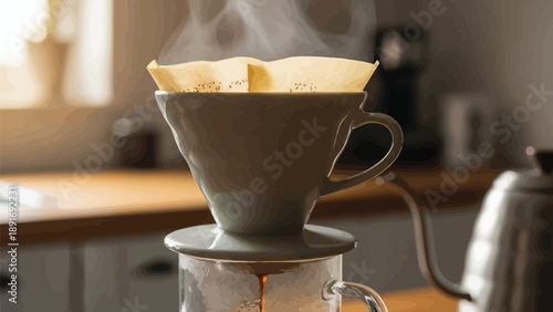 Steaming hot fresh pour over coffee drips slowly from a beige ceramic dripper through a light brown paper filter into a clear glass carafe beginning the morning ritual.