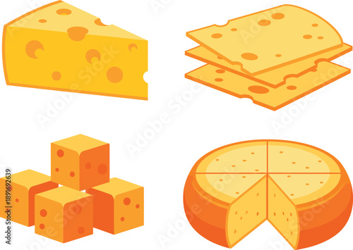 Vector Illustration Set of Swiss Cheese Wedge, Slices, Cubes, and Whole WheelVector Illustration Set of Swiss Cheese Wedge, Slices, Cubes, and Whole Wheel