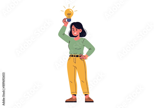 Woman holding up a light bulb in a thoughtful pose