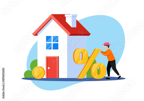 Person pushing percentage sign and coins near house with red roof