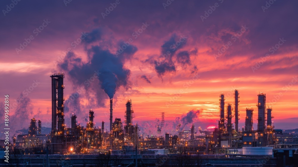 Fototapeta premium Industrial facility silhouette against vibrant sunset sky with smoke plumes.