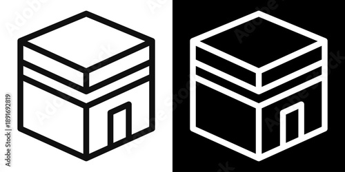 Outline vector icon of Kaaba holy site. Simple black and white pictogram representing pilgrimage, worship and spiritual direction in Islam