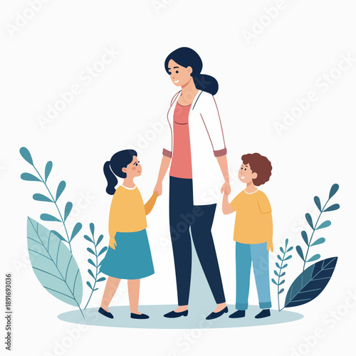 Vector illustration A caring adult holding hands with a happy boy and girl, surrounded by green foliage, symbolizing family, childhood, and supportive nurturing bonds