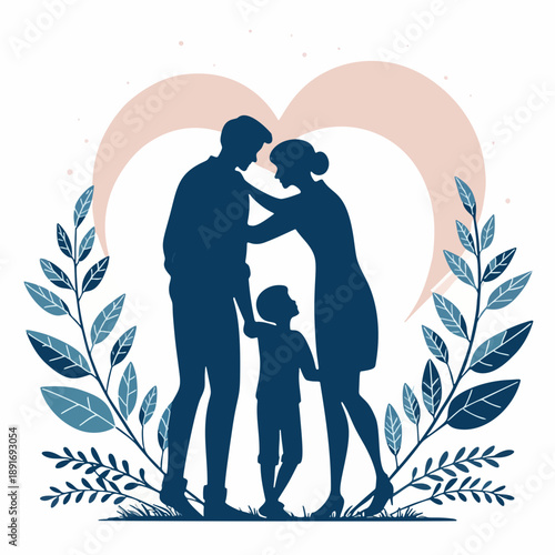 Stylized graphic illustration of a loving family silhouette with parents and child embraced under a gentle heart, surrounded by foliage, symbolizing togetherness and support