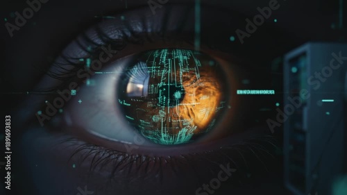 AI model training process digital eye technology futuristic interface data visualization cybernetic cyber security concept advanced analysis insight