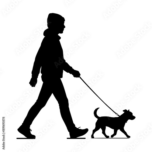 Woman walking dog silhouette in park vector illustration