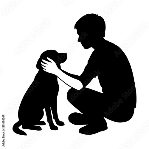 Silhouette of a man standing with his dog in a calm and loving momentSilhouette of a man walking with his dog showing love and family bond