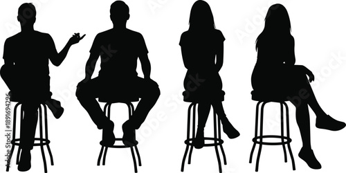 People sitting on stool silhouette illustration set, casual men and women poses, relaxed lifestyle concept, conversation, waiting, modern minimal design