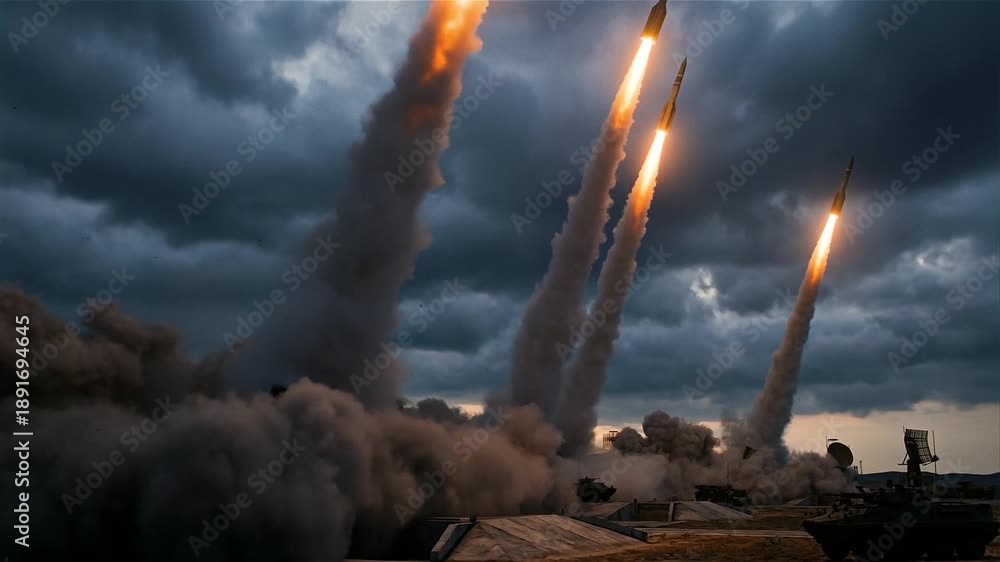 custom made wallpaper toronto digitalMultiple Military Missiles Launching from Mobile Platforms into Dramatic Cloudy Sky During Defense Exercise
