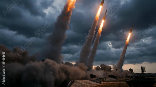 Wallpaper Mural Multiple Military Missiles Launching from Mobile Platforms into Dramatic Cloudy Sky During Defense Exercise Torontodigital.ca