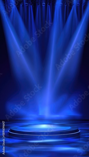 Illuminated empty stage, blue spotlights radiating down on a circular platform