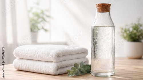 Wallpaper Mural Clean towels and a bottle of sparkling water on a wooden surface. Torontodigital.ca