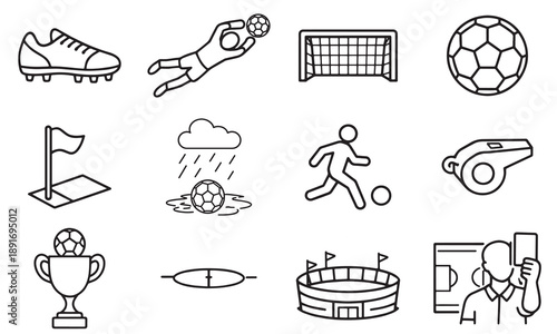Football Equipment and Match Line Icon Set, Soccer Ball Goal Referee Stadium Icons