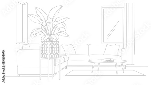 Minimalist line art drawing depicting a contemporary living room interior scene featuring a large sectional sofa positioned next to a tall potted plant on a stand beside a window with drawn curtains.