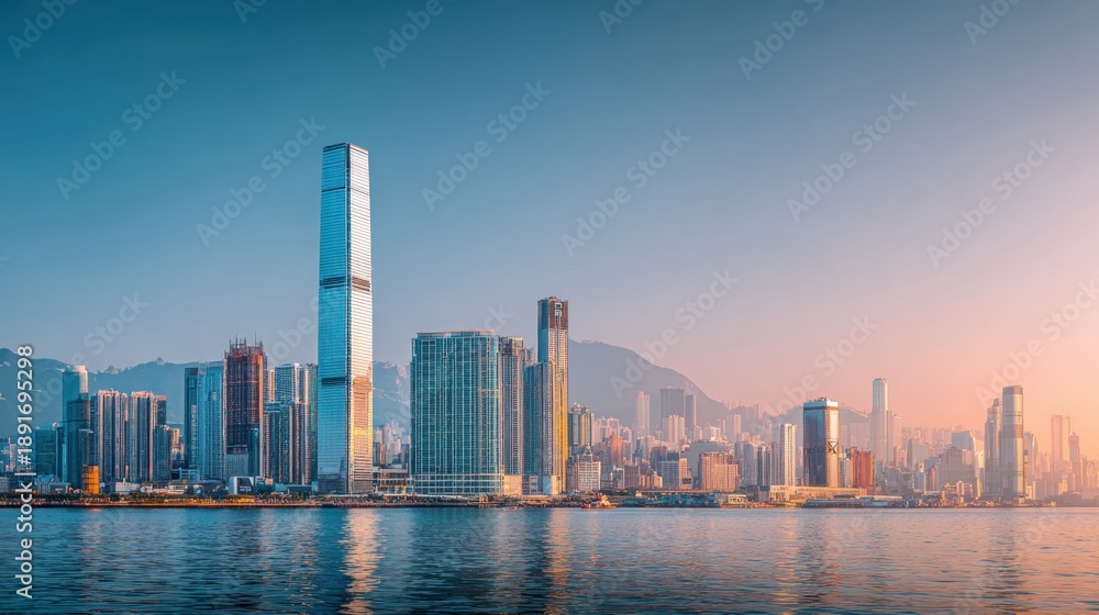 Obraz premium cityscape at sunrise featuring prominent skyscrapers and waterfront view.