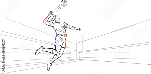 Dynamic line art illustration captures a determined female volleyball player powerfully spiking the ball high above the net during an intense indoor competition sequence.