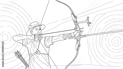 Young archer wearing a sun hat aims a recurve bow and arrow directly toward the target in this focused black and white outline drawing perfect for coloring activities.