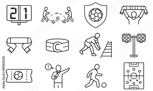 Football Training and Match Line Icon Set, Soccer Scoreboard Captain Armband Referee Icons