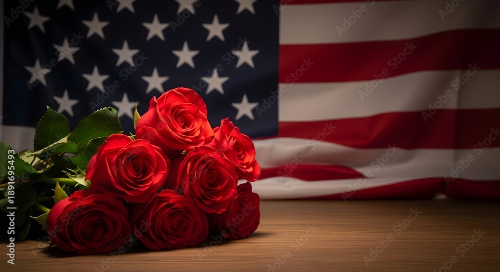 Fototapeta premium Patriotic roses in front of american flag