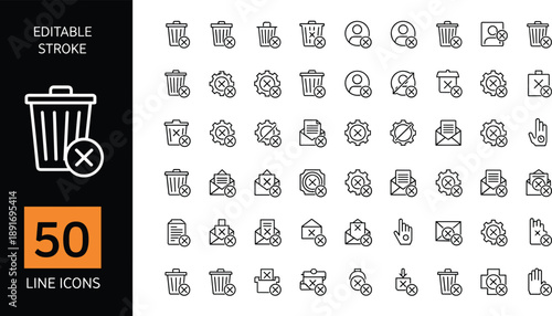 Set of 50 Delete Line Icons Featuring Trash Can Symbols Remove File User Deletion Erase Data Cancel Task and Clear System Information Graphics