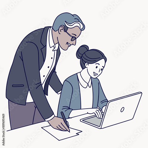 Senior professionaExperienced mentor guiding a young professional on a laptop in a modern office settingl man helping a younger female colleague with work on a laptop