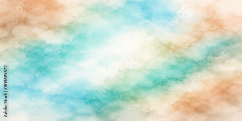 Bright abstract colorful watercolor background depicting a beautiful clear sunny day with white clouds in a light blue summer sky and radiant sunlight filling the atmospheric space