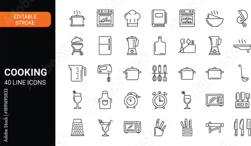 Comprehensive Cooking Line Icon Set Featuring Kitchen Utensils Professional Chef Equipment Restaurant Appliances Food Preparation Culinary Tools Home Baking And Gastronomy Symbols