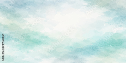 Beautiful abstract watercolor background of a bright blue sky with fluffy white clouds and radiant summer sunlight for a peaceful nature cloudscape