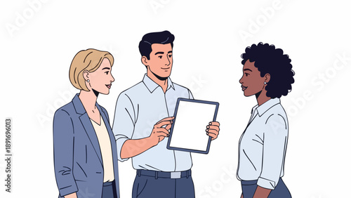 High-level business collaboration discussing critical strategy presented on a customizable digital tablet.