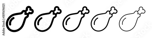 Bird leg outline icon set in varied stroke thickness. Minimal vector food symbols suitable for packaging, restaurant design and graphic interfaces.
