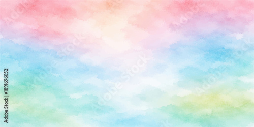 Abstract colorful watercolor background of a beautiful clear blue sky with bright white clouds and sunny atmosphere in nature