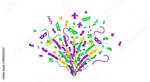Colorful mardi gras confetti and streamers exploding in air